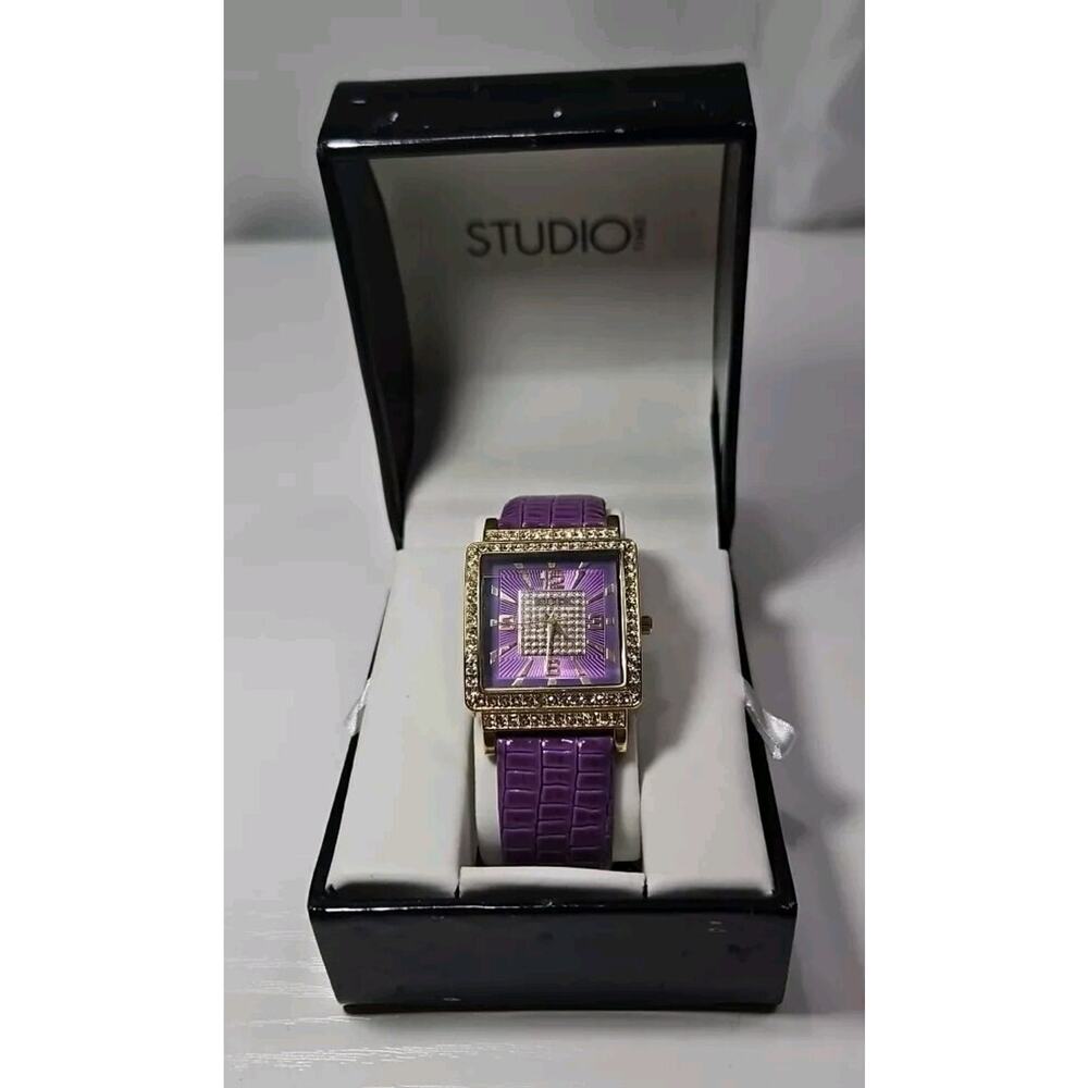 Studio Time Women's Gold Tone Watch Jeweled Purple STD3188W 415 New Battery
